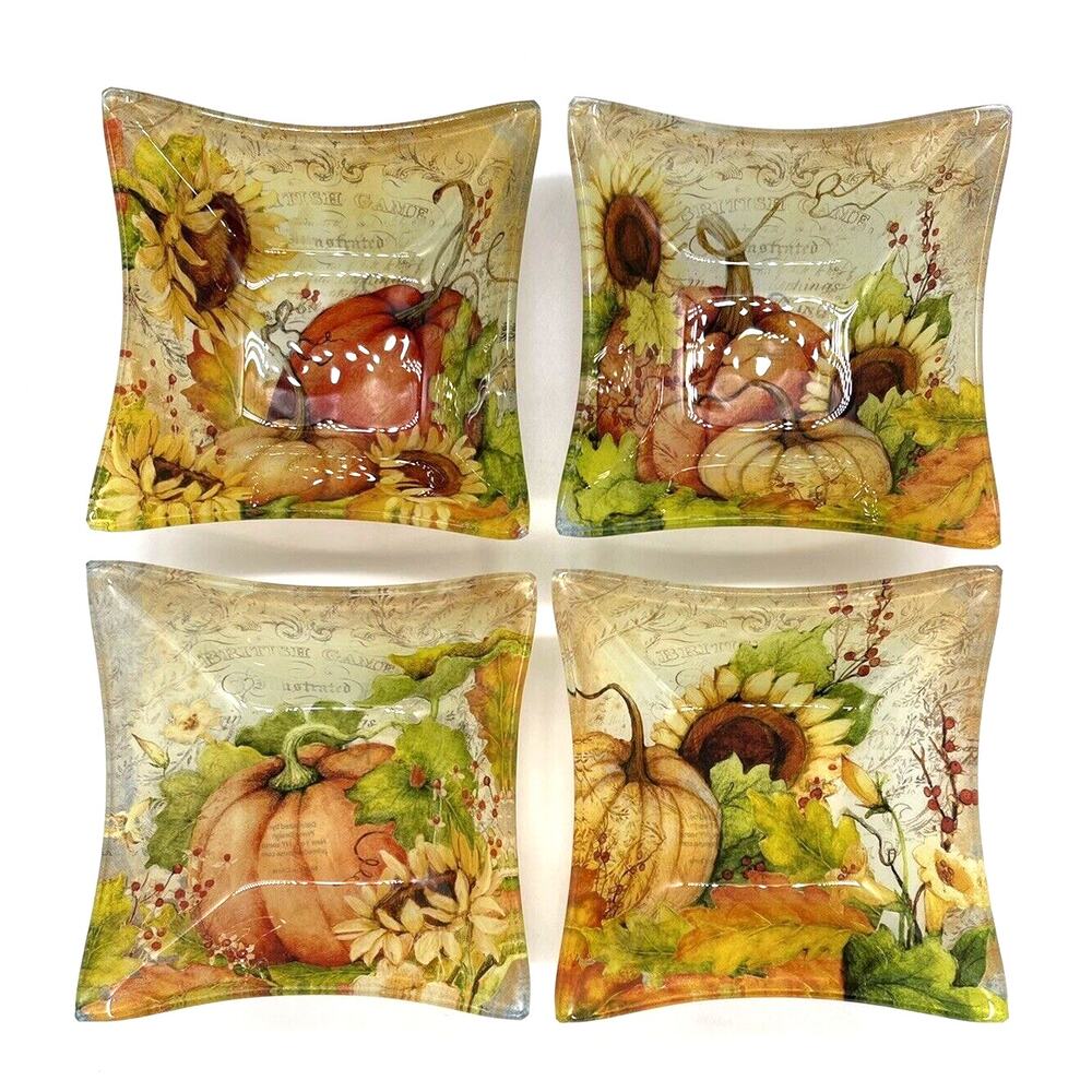 Prima Fall Harvest Autumn Glass Set of 4 Trinket Dishes 5.25” x 5.25”